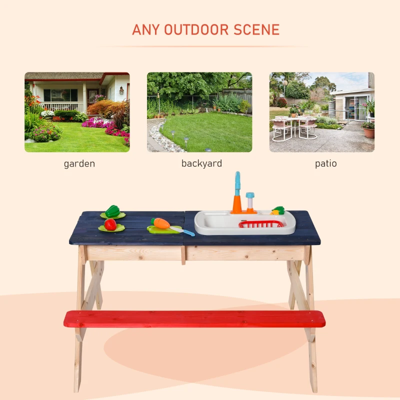Outsunny Sand & Water Table with Sandbox, Outdoor  with Kitchen Toys, Kids Picnic Table and Bench Set Water Circulation Faucet and Vegetable Accessories