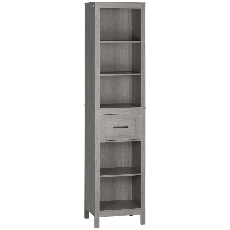 kleankin Narrow Bathroom Storage Cabinet with Drawer and 5 Tier Shelf, Tall Cupboard Freestanding Linen Towel, Grey