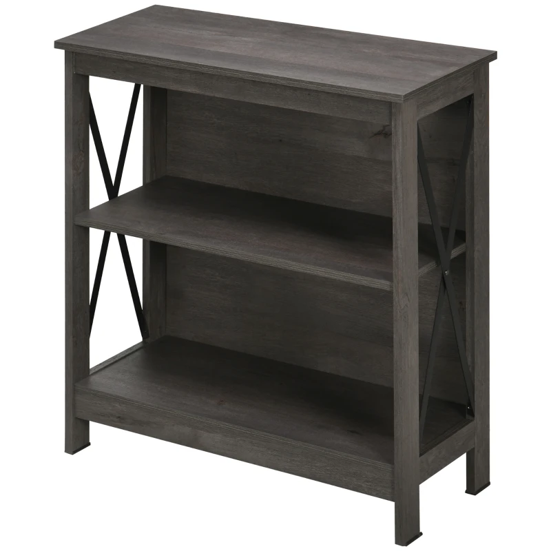 HOMCOM Industrial Style Corner Open Bookshelf with Storage Shelves and Metal X Bar Frame for Living Room, Dark Gray