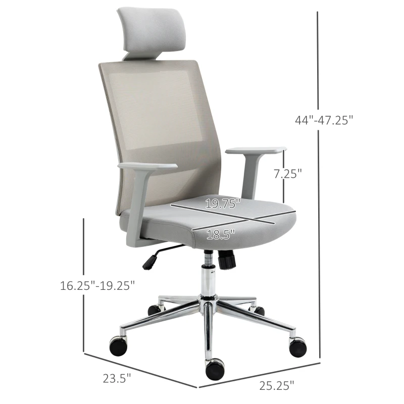 Vinsetto High Back Office Chair, Swivel Task Chair with Lumbar Back Support, Breathable Mesh, and Adjustable Height, Headrest, Grey