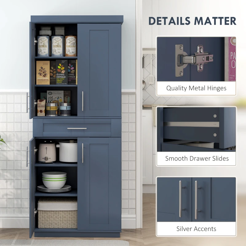 HOMCOM Modern Kitchen Pantry Freestanding Cabinet Cupboard with Doors and Drawer, Adjustable Shelving, Navy Blue