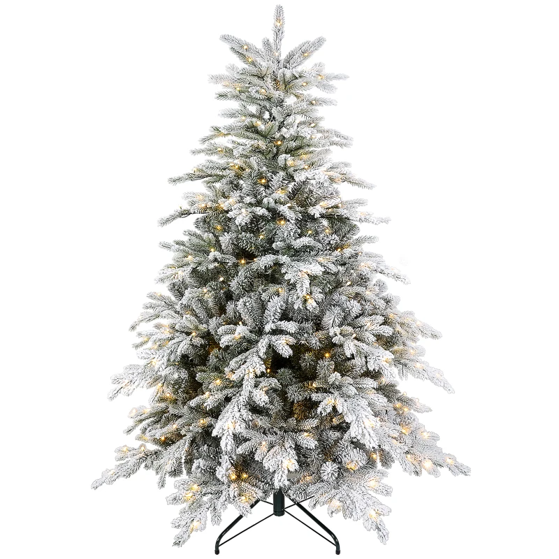 HOMCOM 5ft Artificial Prelit Christmas Tree with Warm White LED Light and Snow Flocked Branches, Metal Base