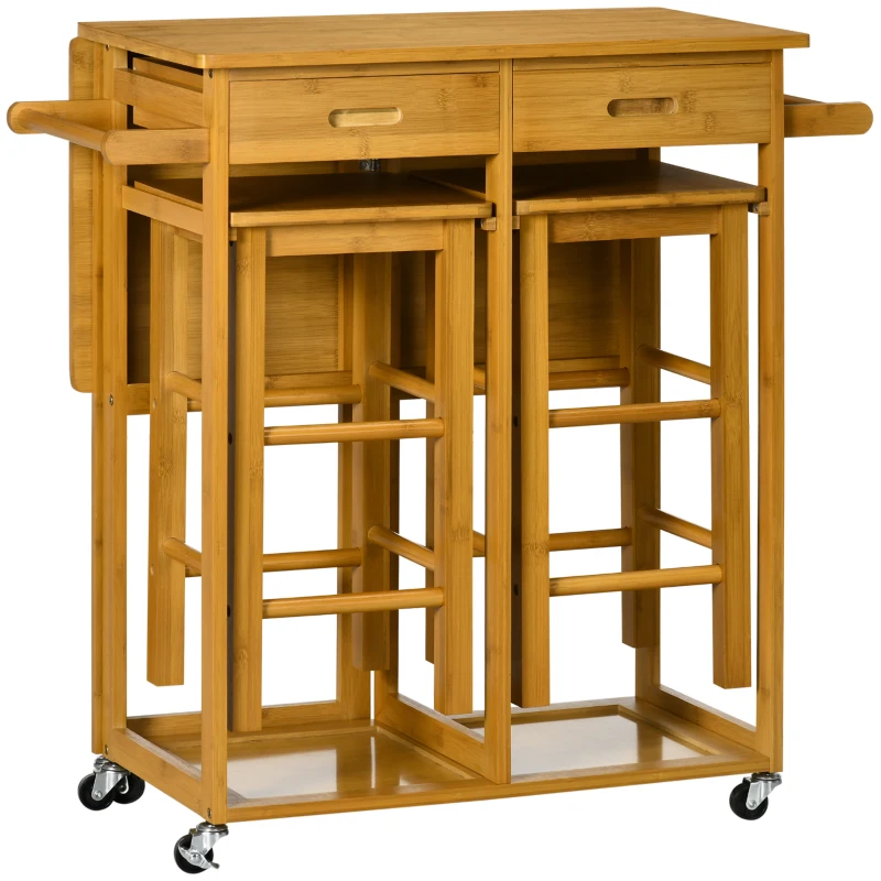 HOMCOM Breakfast Cart Table and Chair Set Kitchen Island with Seating