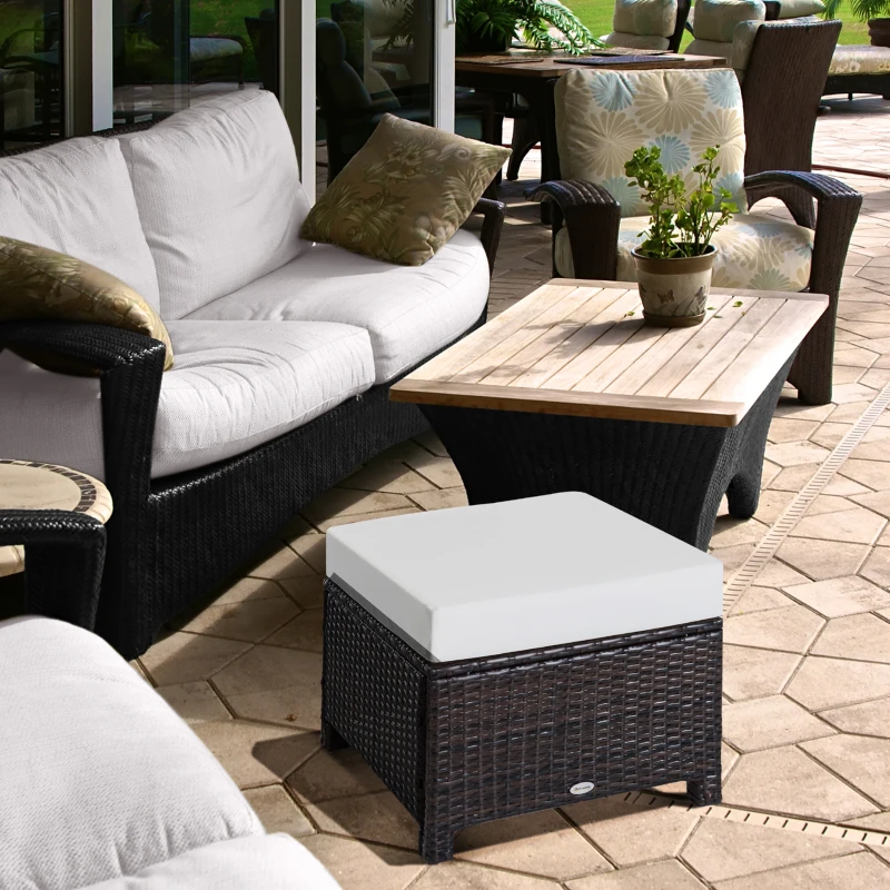 Outsunny 20" Patio Wicker Ottoman, Multipurpose Outdoor PE Rattan Footrest, Additional Seating, Side Table with Soft Cushion, Dark Brown, Cream White