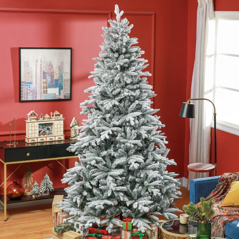 HOMCOM 8ft Artificial Flocked Christmas Tree with Snow Tips, Easy Assembly, Hinged Xmas Tree for Home Office Holiday