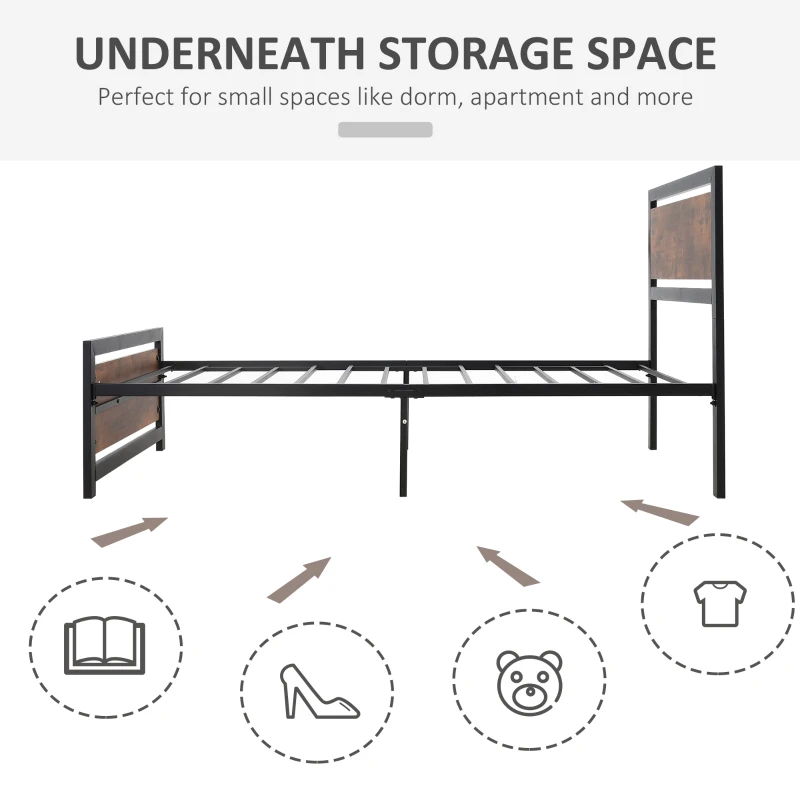 HOMCOM Single Bed Frame with Headboard & Footboard, Strong Metal Slat Support Bed Frame w/ Underbed Storage Space, No Box Spring Needed, 41.75'' x 76.75'' x 40.5''