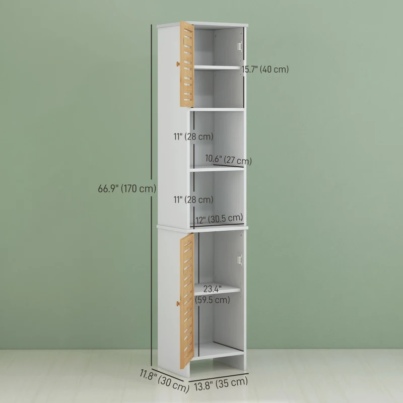 HOMCOM Tall Bathroom Cabinet with Bamboo Doors, Bathroom Storage Cabinet with Adjustable Shelves and Open Compartments, White