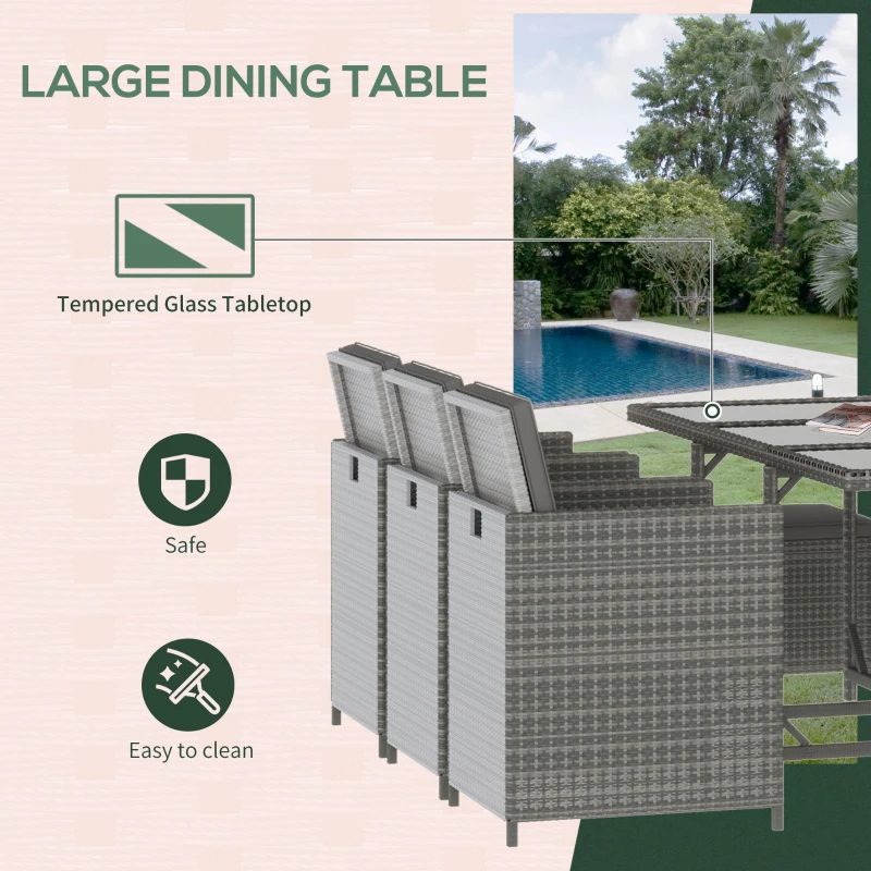 Outsunny 11 Pieces Outdoor Dining Set for 10, Space Saving Wicker Chairs and Glass Table with Cushions and Ottomans, Rattan Conversation Patio Furniture Set for Garden Backyard Deck, Dark Gray