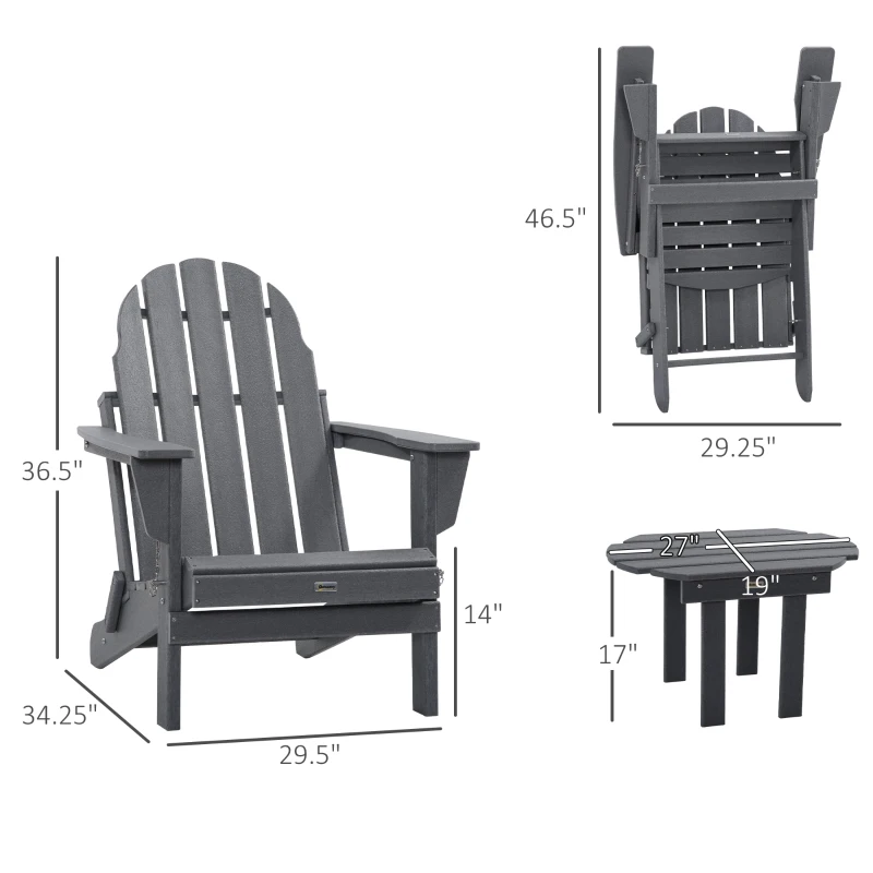 Outsunny 3 Piece Adirondack Chair Set of 2, HDPE Folding Fire Pit Chairs and Patio Side Table, Outdoor Furniture with Slatted Seat, High Backrest, Armrests, Dark Gray