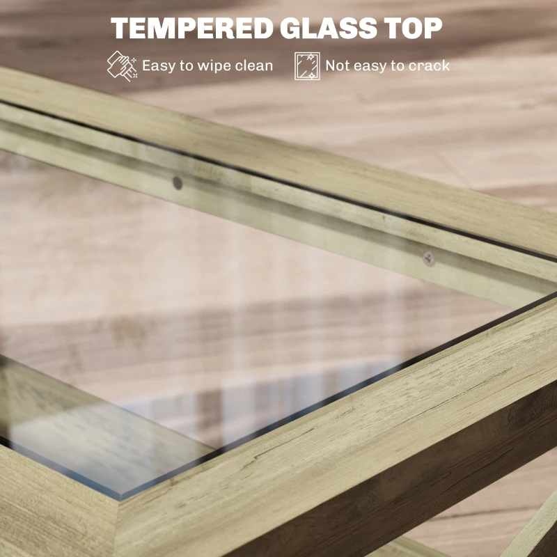 HOMCOM Coffee Table with Tempered Glass Tabletop, Living Room Table with Wood Frame and Underneath Storage Shelf, Gray