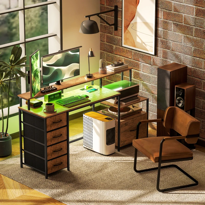HOMCOM Computer Desk with Power Outlets and LED Lights, 67" Computer Table with File Cabinet and Fabric Drawers, Rustic Brown