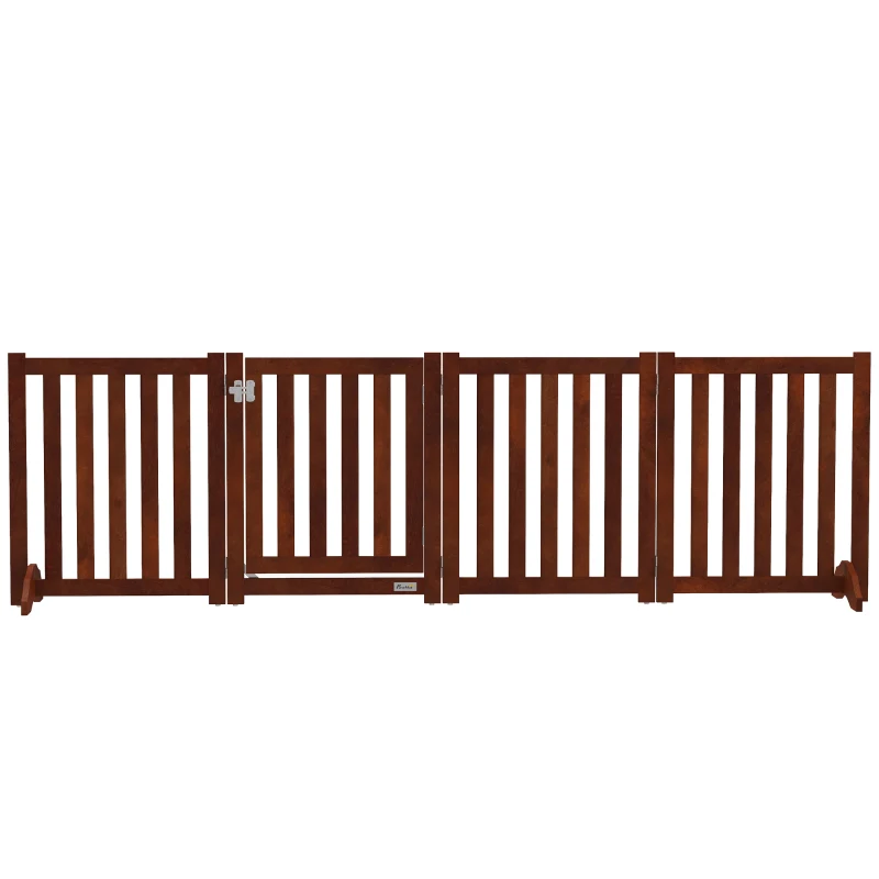 PawHut Foldable Dog Gate with Door, 4 Panels Fressstanding Pet Gate, Brown