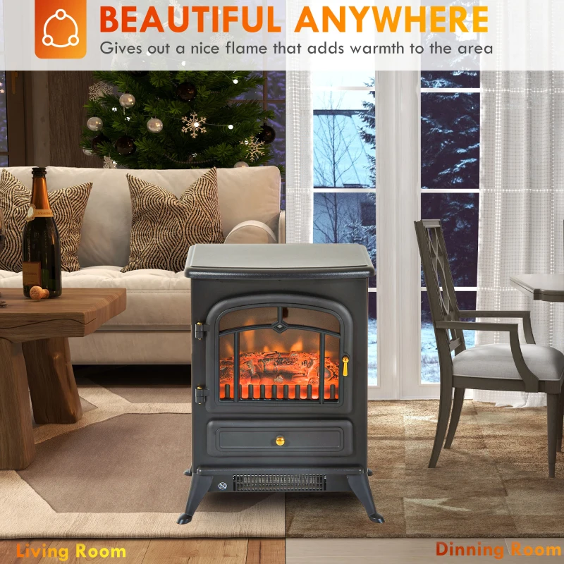 HOMCOM Fireplace Stove, Electric Fireplace Heater with Realistic LED Flames and Logs, 725W/1450W, Black