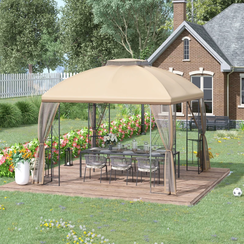Outsunny 10' x 10' Patio Gazebo with Corner Shelves, Double Roof Outdoor Gazebo Canopy Shelter with Removable Mesh Netting, for Garden, Lawn, Backyard and Deck, Beige