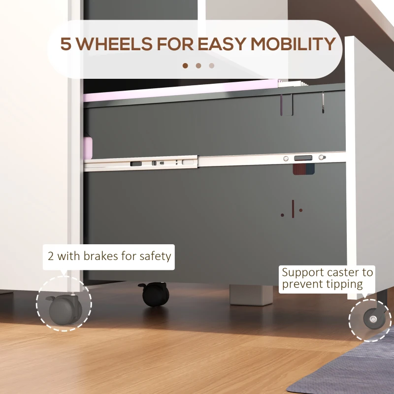 Vinsetto Vertical Steel Filing Cabinet on Wheels, 2-Drawer Lockable File Cabinet with Adjustable Hanging Bar for A4, Legal and Letter Size, White