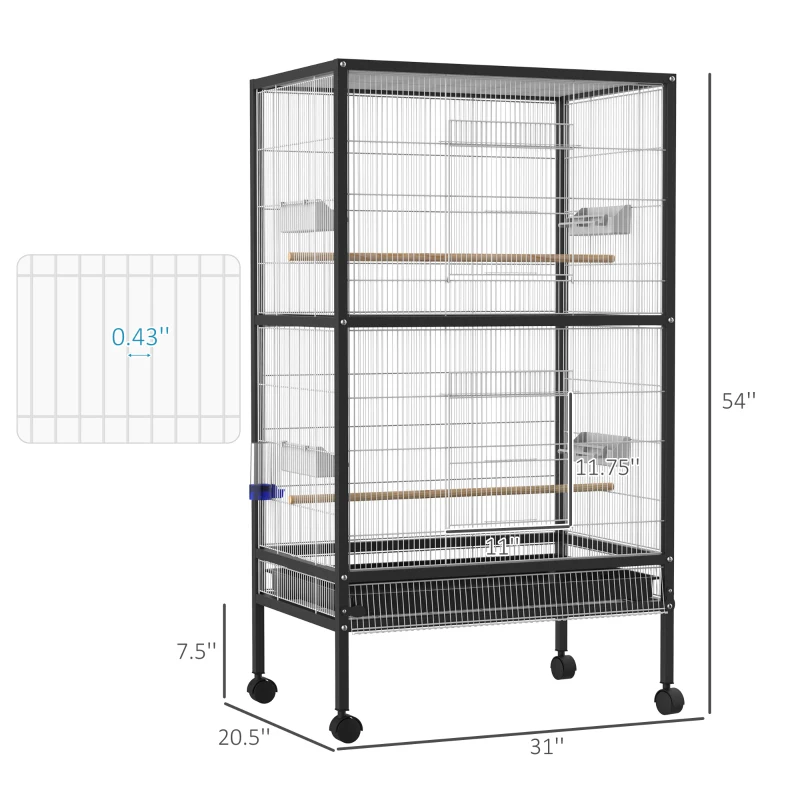 PawHut 54" Extra Large Portable Rolling Iron Aviary Flight Bird Cage And Accessories