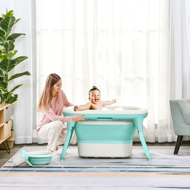 Qaba 4-IN-1 Folding Baby Bathtub 4pcs Esthetic Basin with Sucker Seat Non-Slip Support Safer Portable, Green