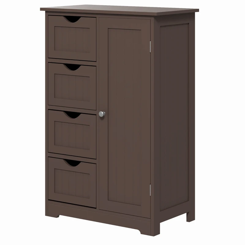 kleankin Bathroom Storage Cabinet, Floor Cabinet with Adjustable Shelf and 4 Drawers, Side Cabinet for Washroom, Brown