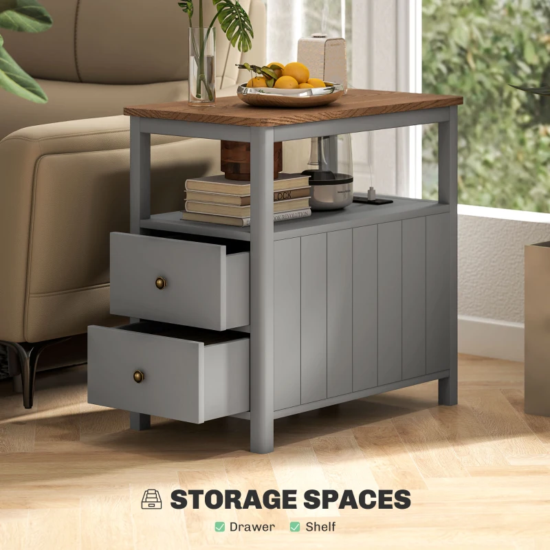 HOMCOM Side Table with Charging Station and USB Ports, Narrow End Table with Drawers, Shelf for Living Room, Gray