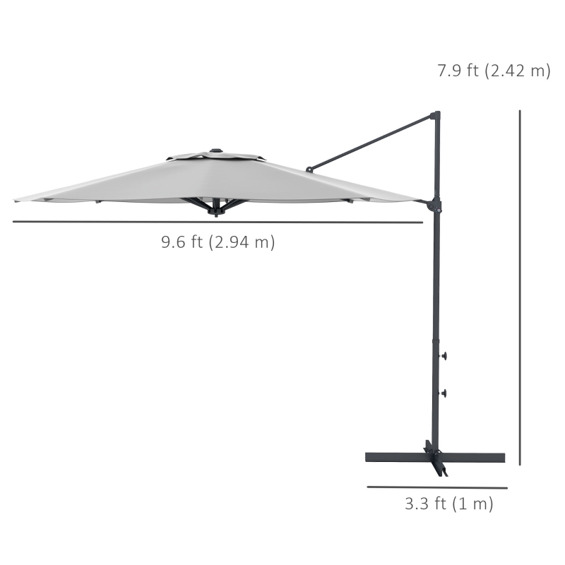 Outsunny 10 FT Cantilever Umbrella, Aluminum Hanging Offset Umbrella with 360°Rotation, Crank, Tilt, Cross Base, Grey