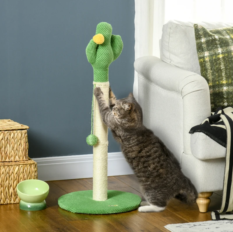 PawHut 33" Cactus Cat Scratching Post for Indoor Cats, Sisal Cat Scratcher with Hanging Ball, Green