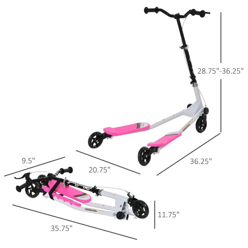 HOMCOM Y Fliker Scooter, Outdoor Swing Wiggle Scooter, 3 Wheel Scooter for 6-8 Years Old, Pink
