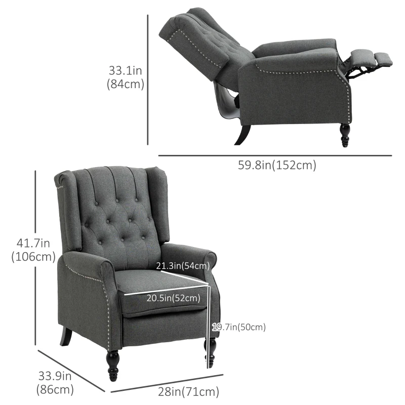 HOMCOM Fabric Recliner Chairs for Living Room, Push Back Reclining Chair with Wingback, Button Tufted, Nail Head Trim, Footrest, Dark Grey
