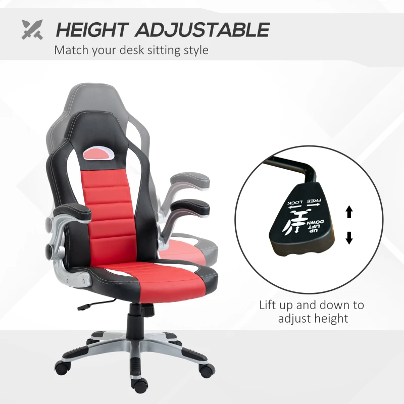HOMCOM Racing Gaming Chair PU Leather Office Chair Executive Computer Desk Chair with Adjustable Height, Flip Up Armrest, Swivel Wheels, Red