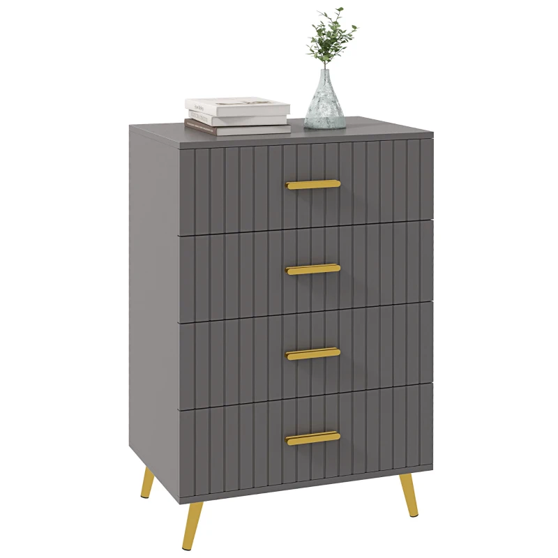 HOMCOM 4 Drawer Cabinet, Drawer Chest for Bedroom, Chest of Drawers with Aluminium Legs and Gold Handles, Dark Grey