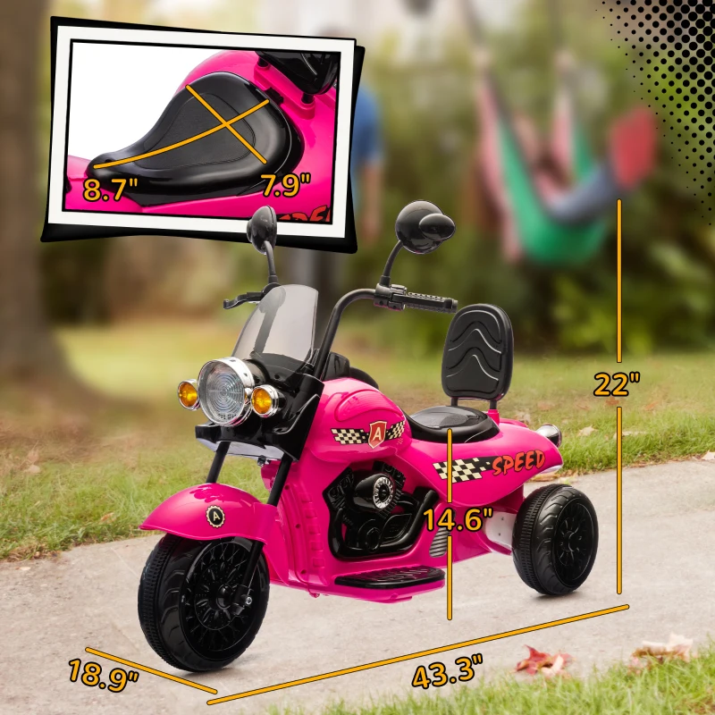 Qaba 6V 3 Wheel Electric Motorcycle for Kids, Battery Powered Motorbike w/ Headlights, Music, Forward & Reverse, Pink