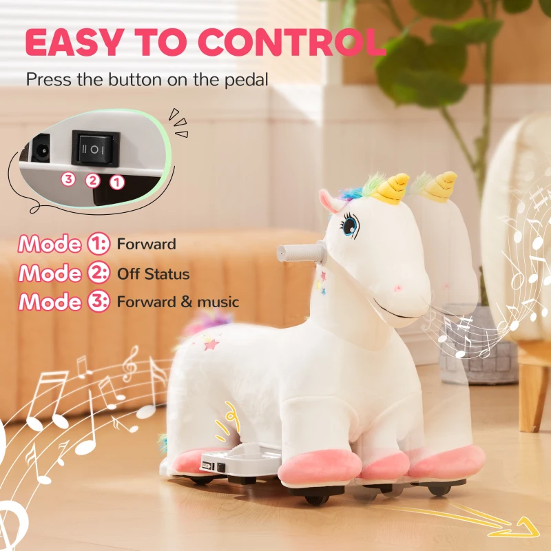 Qaba Kids Ride on Unicorn, 6V Battery Powered Electric Ride on Animal Toy w/ Music Forward, Foot Pedal for Aged 18-36 Months