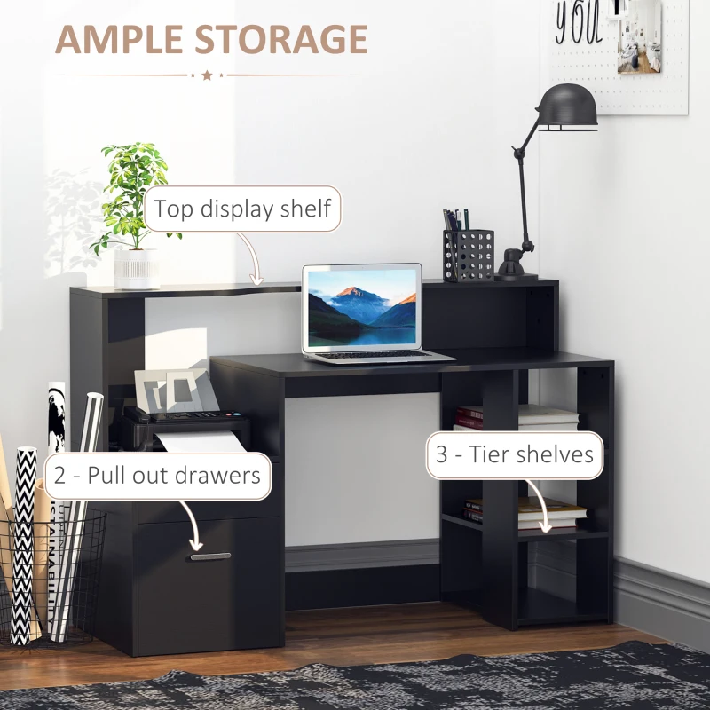 HOMCOM 54 Inches Computer Desk with Storage Shelves, Drawers and Printer Shelf, Writing Table for Home Office and Study, Black