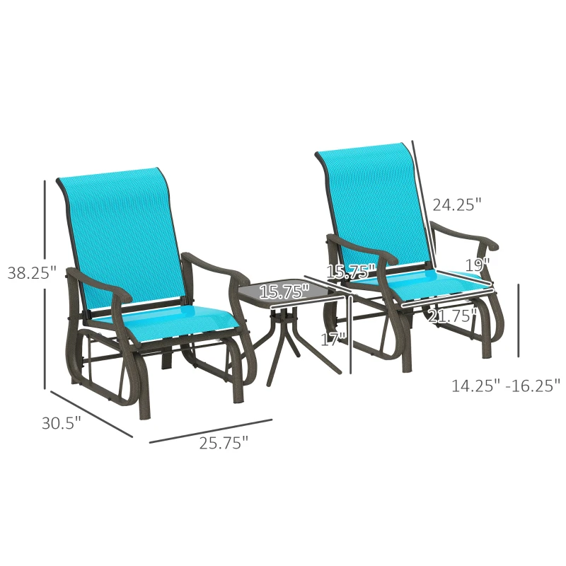 Outsunny 3-Piece Outdoor Gliders Set Bistro Set with Steel Frame, Tempered Glass Top Table for Patio, Garden, Bright Blue(m-3)