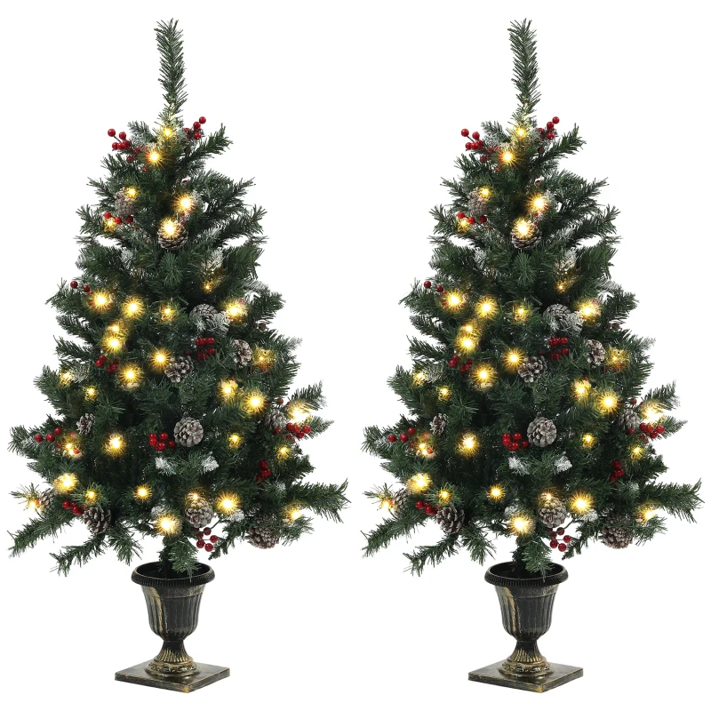 HOMCOM 4FT Pre-Lit Decorated Christmas Tree with Red Berries and Pine Cones Snow Flocked Christmas Tree with LED Lights Green
