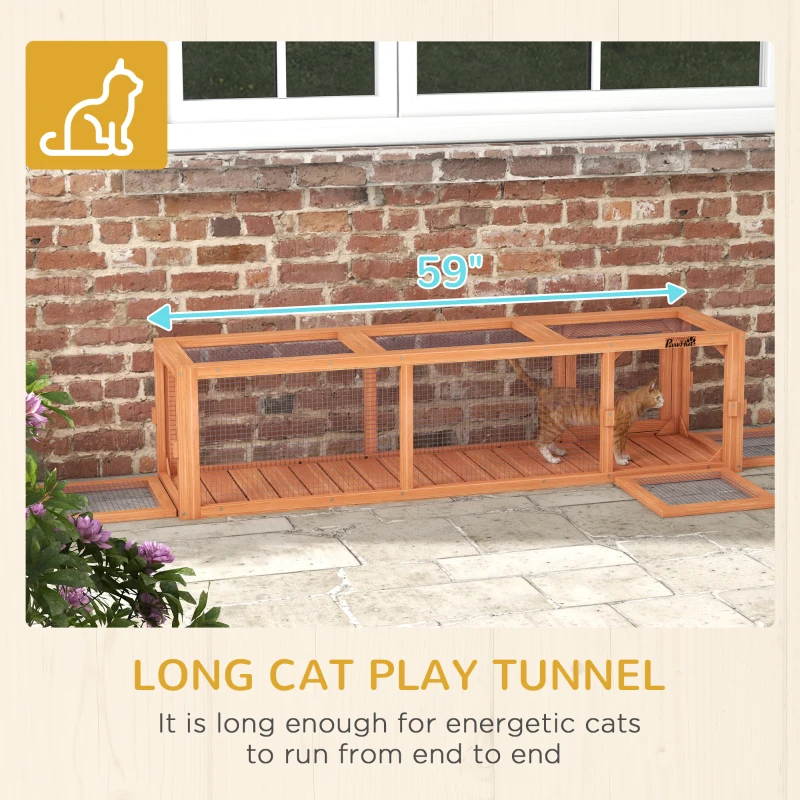 PawHut Outdoor Cat Tunnel with Extendable Design, 59" L Wooden Cat Run with Weather Protection, Connecting Inside and Outside, for Deck Patios, Balconies, Orange