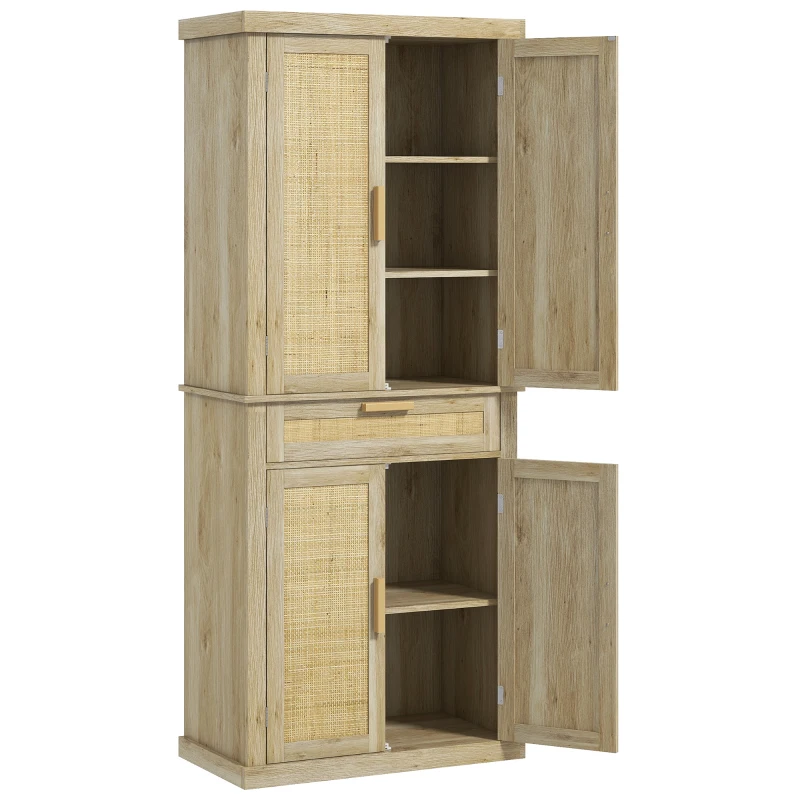 HOMCOM 72" Kitchen Storage Cabinet, Rattan Kitchen Pantry Cabinet with 4 Doors, Drawer, 5-Tier Shelf, Adjustable Shelves, Oak