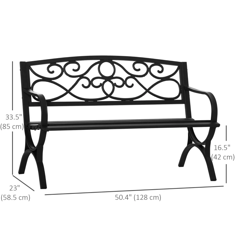 Outsunny 50" 2-Seater Outdoor Garden Bench Antique Loveseat with Armrest for Yard, Lawn, Porch, Patio, Steel/ Black