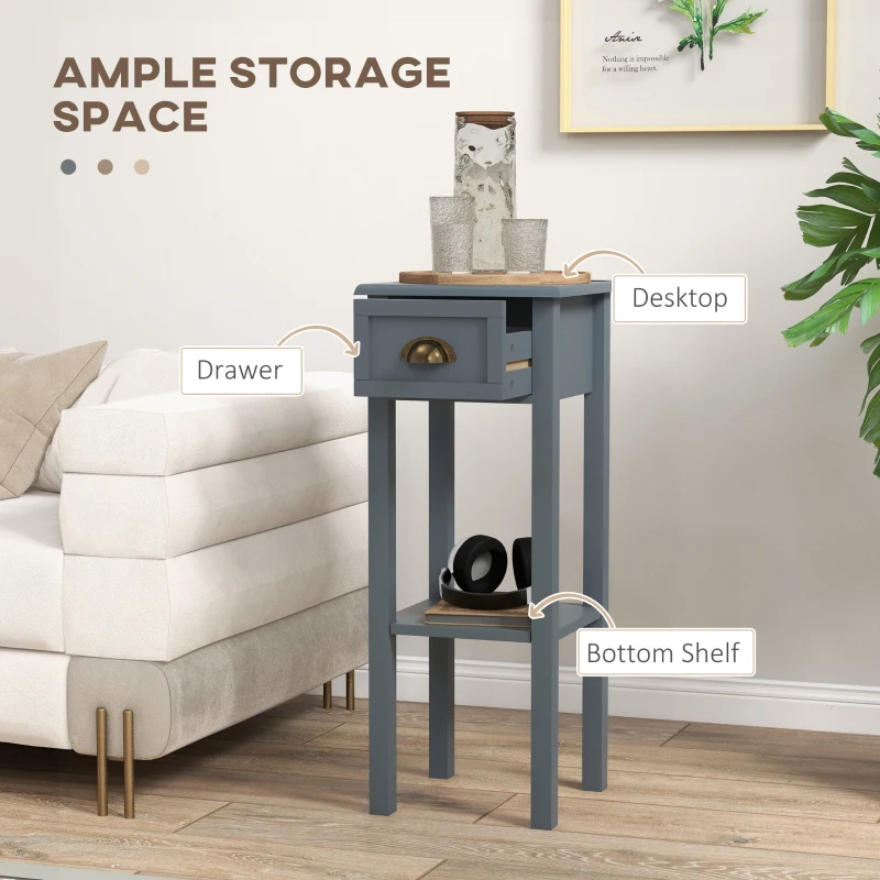 HOMCOM 2-Tier Side Tables Set of 2 with Drawer and Shelf, 2 Pieces End Tables for Living Room and Hallway, Gray