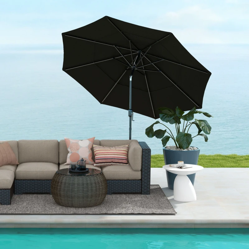 Outsunny 9FT 3 Tiers Patio Umbrella Parasol with Crank, Push Button Tilt for Deck, Backyard and Lawn, Black