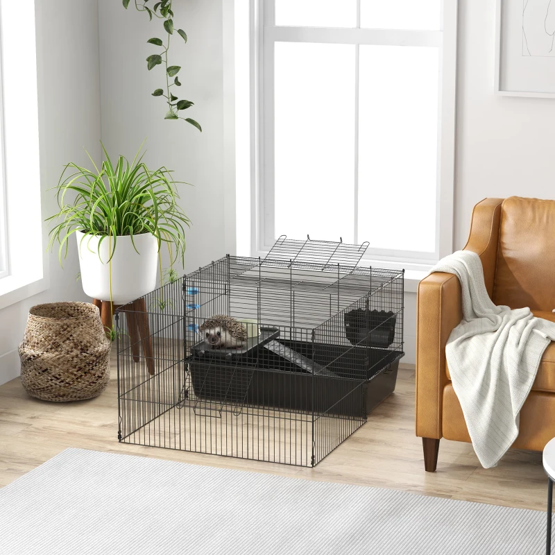 PawHut 33" Small Animal Cage with Playpen, Bunny Hutch Indoor for Guinea Pigs Hedgehogs with Accessories, Water Bottle, Food Dish, Feeding Trough