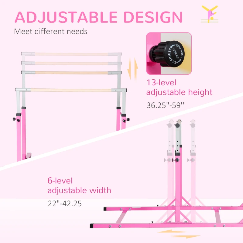 Qaba Double Horizontal Bars, Junior Gymnastic Training Parallel Bars with Double-locking System 13-level 36"-59" Adjustable Heights, 6-level Adjustable Width for Indoor Outdoor, Pink