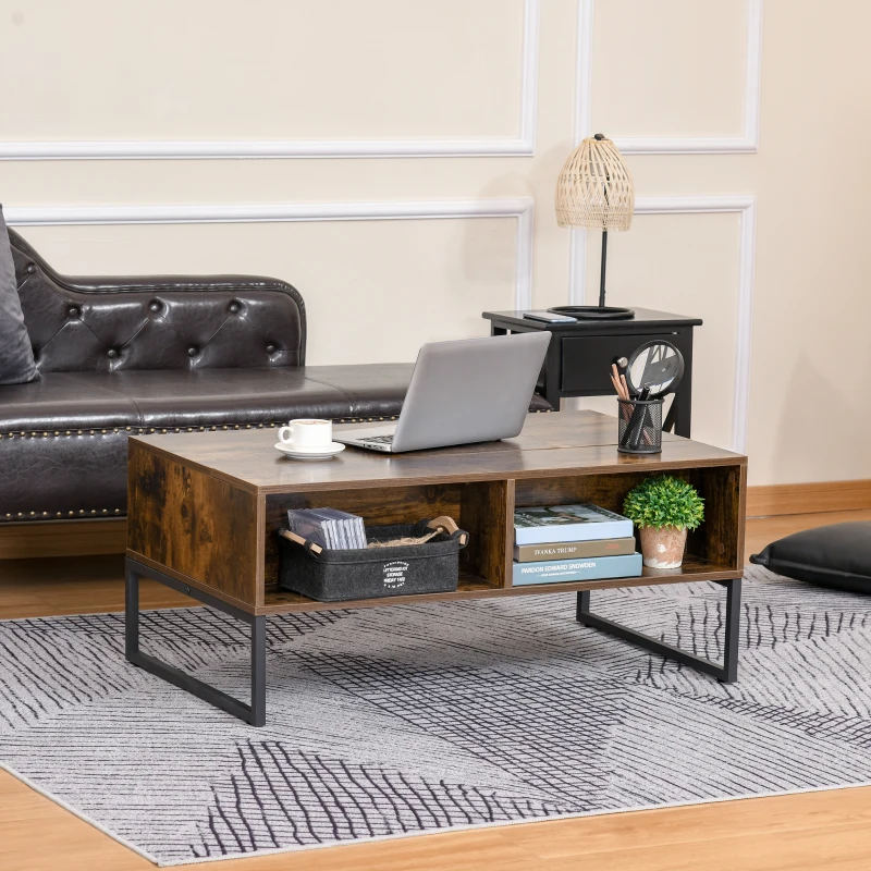 HOMCOM Wood Lift Top Coffee Table with Hidden Storage Compartment, Side Drawer with Metal Frame Design, Lift Tabletop Dining Table for Home, Living Room, Office