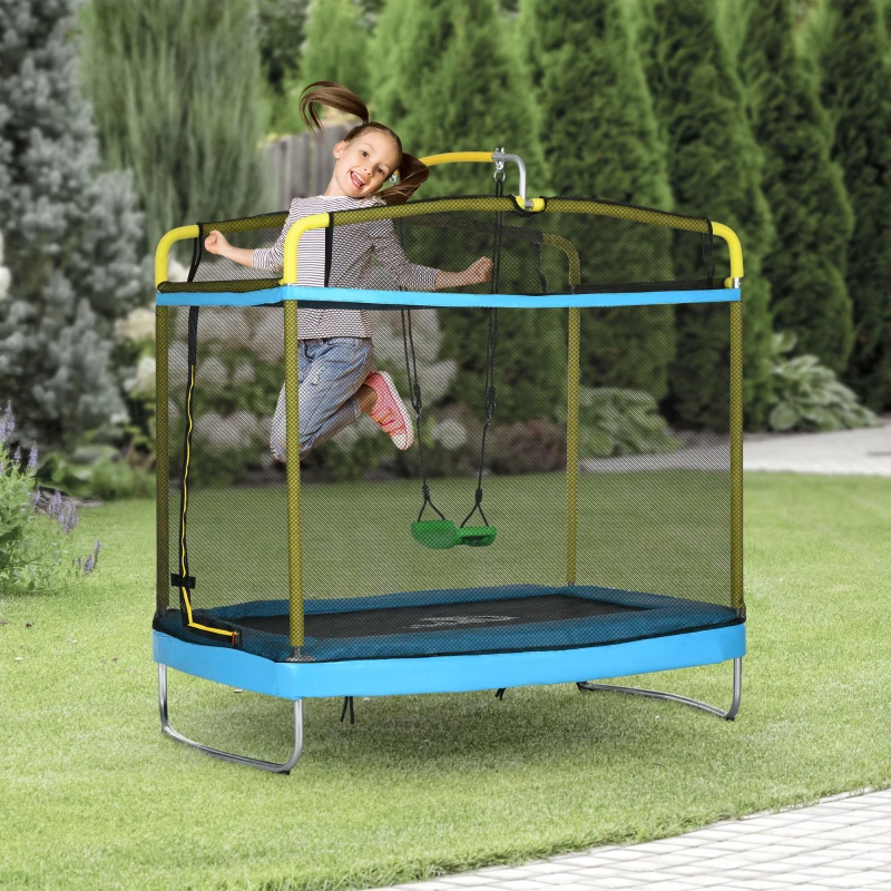 Qaba 6.9FT Kids Trampoline with Safety Net, Gymnastics Bar, Swing, Toddler Trampoline for 3+ Years Old Indoor/Outdoor