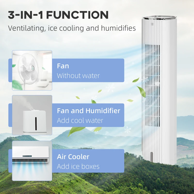 HOMCOM 42" 3-In-1 Evaporative Air Cooler with Water Tank, Ice Cooling Fan with Humidifier, 52° Oscillating Portable Swamp Cooler for Home Office, 3 Modes, 3 Speeds, 12H Timer, Remote, White