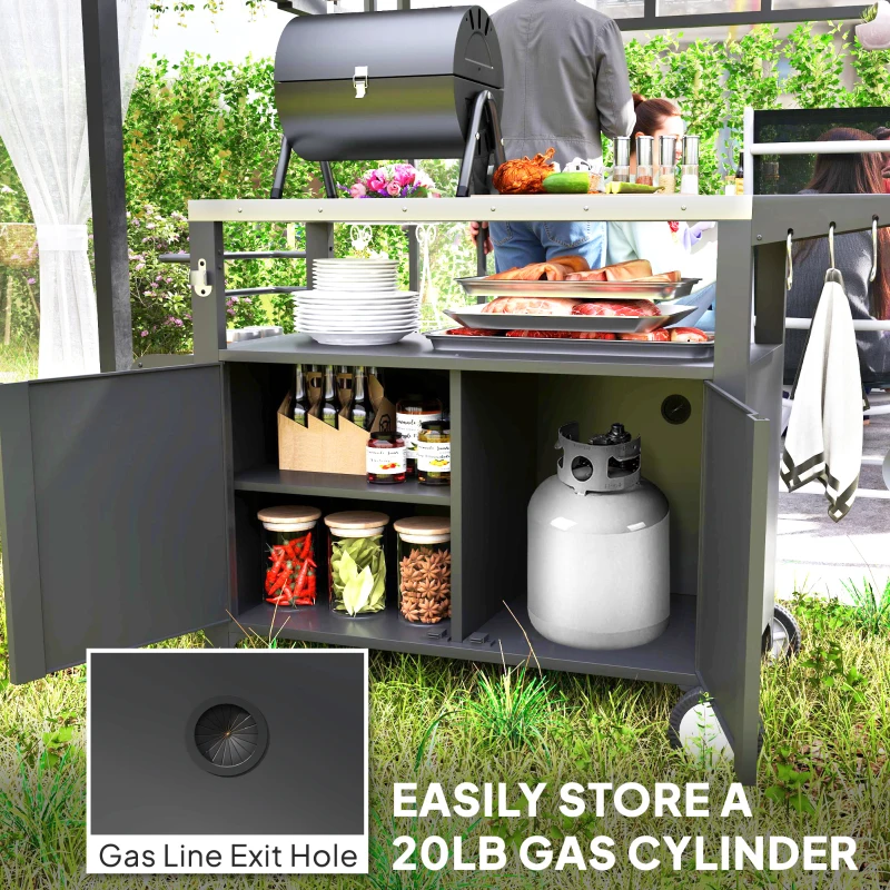 Outsunny Outdoor Grill Cart with Foldable Side Table, Stainless Steel Tabletop, Pizza Oven Stand with Storage Rack, Wheels