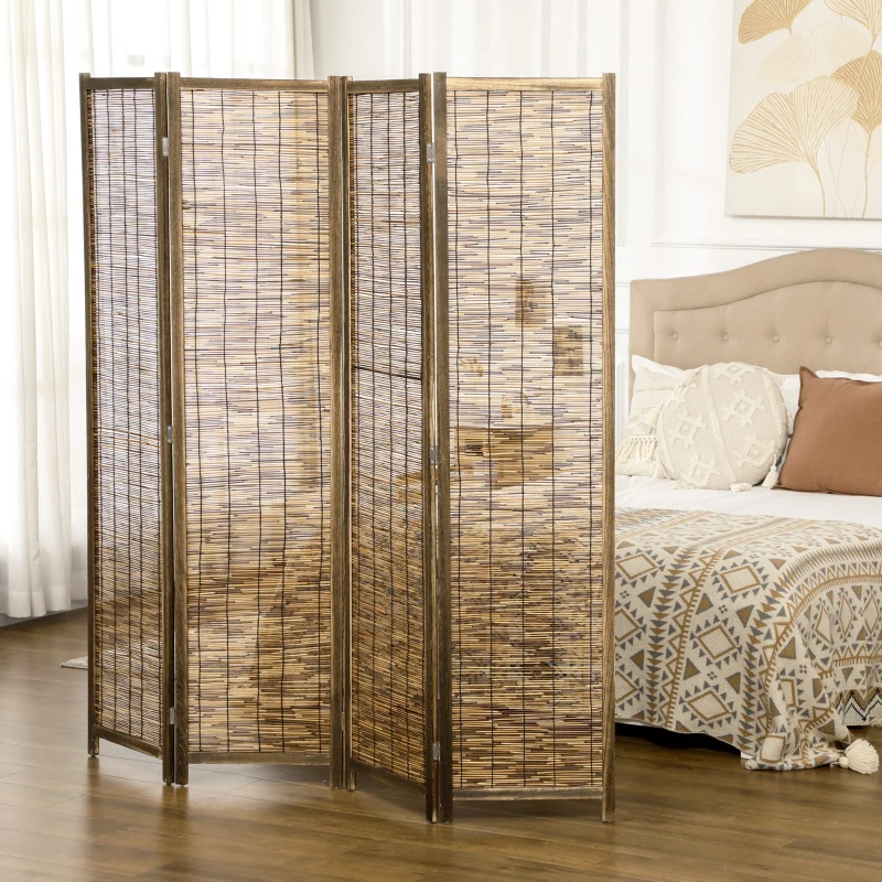 HOMCOM Hand Woven Room Divider, 4 Panel Folding Privacy Screen, Indoor Reed Partition Wall, 63"x67"x0.75", Brown