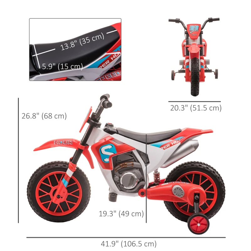 Aosom Kids Dirt Bike Battery-Powered Ride-On Electric Motorcycle with Charging 12V Battery, Training Wheels Red
