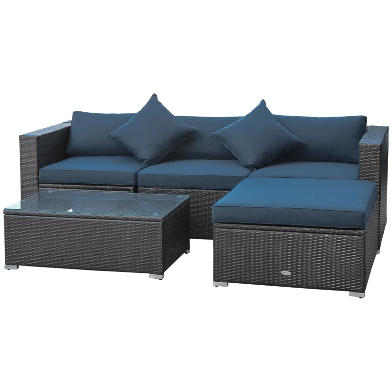 Outsunny 5-Piece Patio Furniture Set with Cushions, Outdoor PE Rattan Wicker Sofa Set, Sectional Furniture with Pillows, Glass Coffee Table for Garden, Backyard, Coffee/Blue