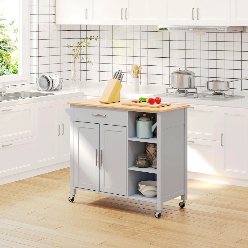 HOMCOM Wooden Rolling Kitchen Island on 360° Swivel Wheels Dining Cart with Drawer, Towel Rack for Kitchen, Grey