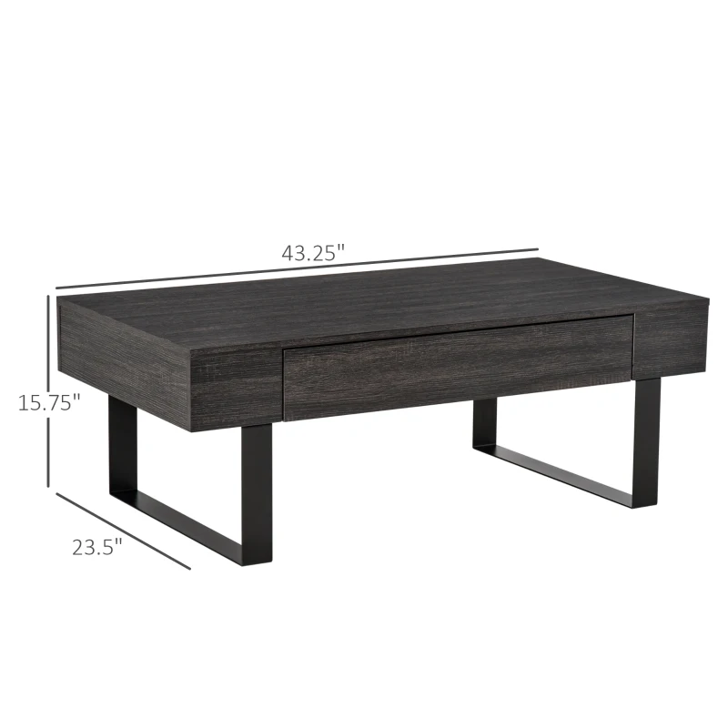 HOMCOM Mid-century Modern Coffee Table with Storage Drawer, Metal Sled Designed Legs and Wood Grain Surface for Living Room, Dark Grey